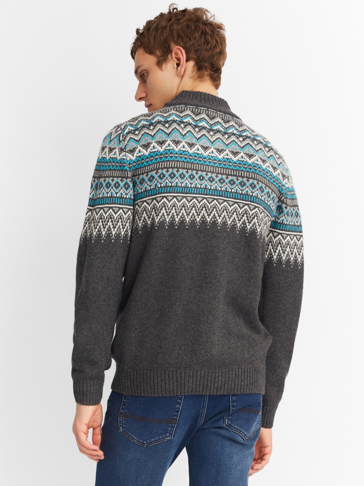 Вязаный шерстяной свитер с воротником на молнии и скандинавским узором