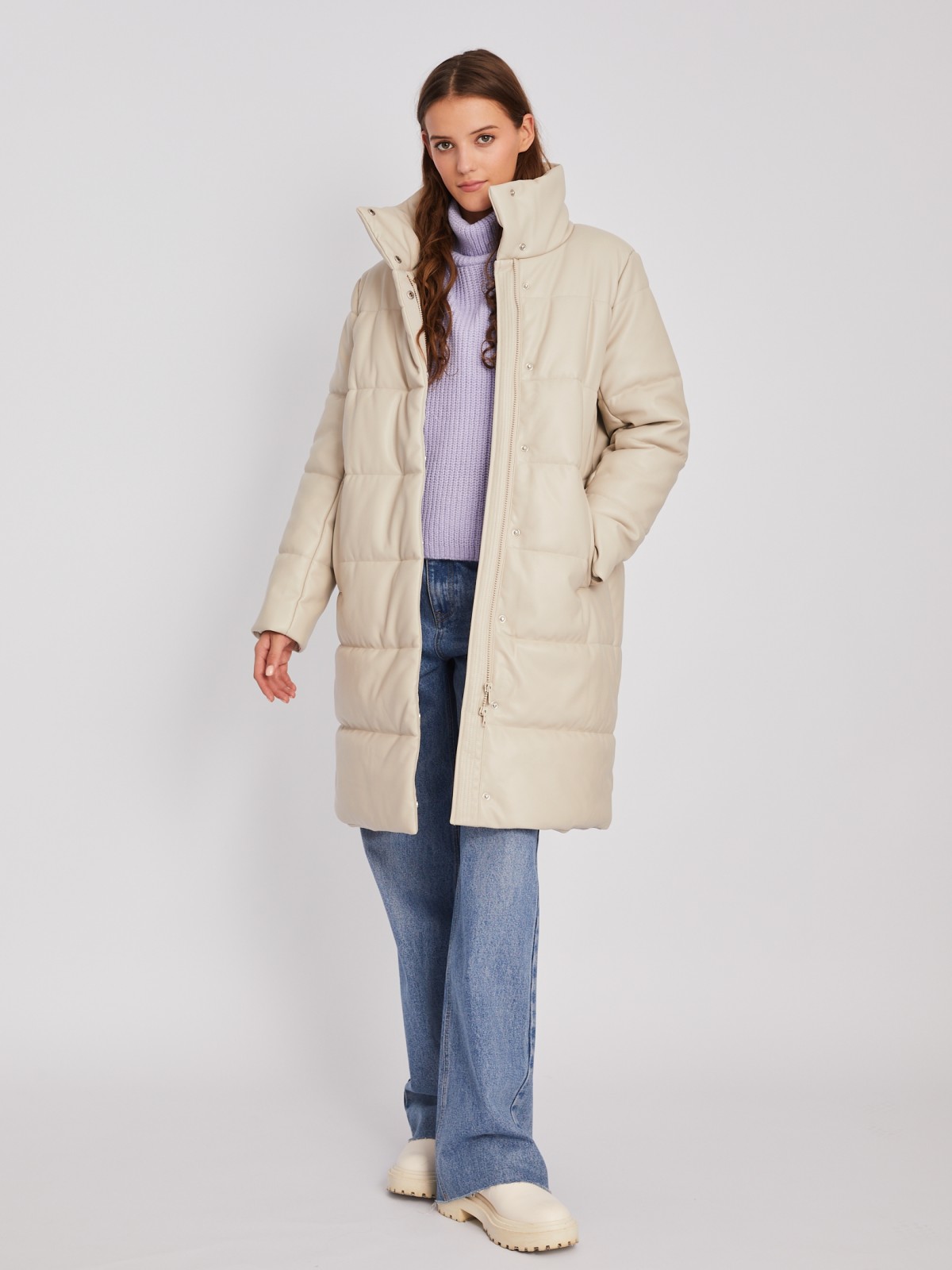Тёплая стёганая куртка-пальто из экокожи с высоким воротником