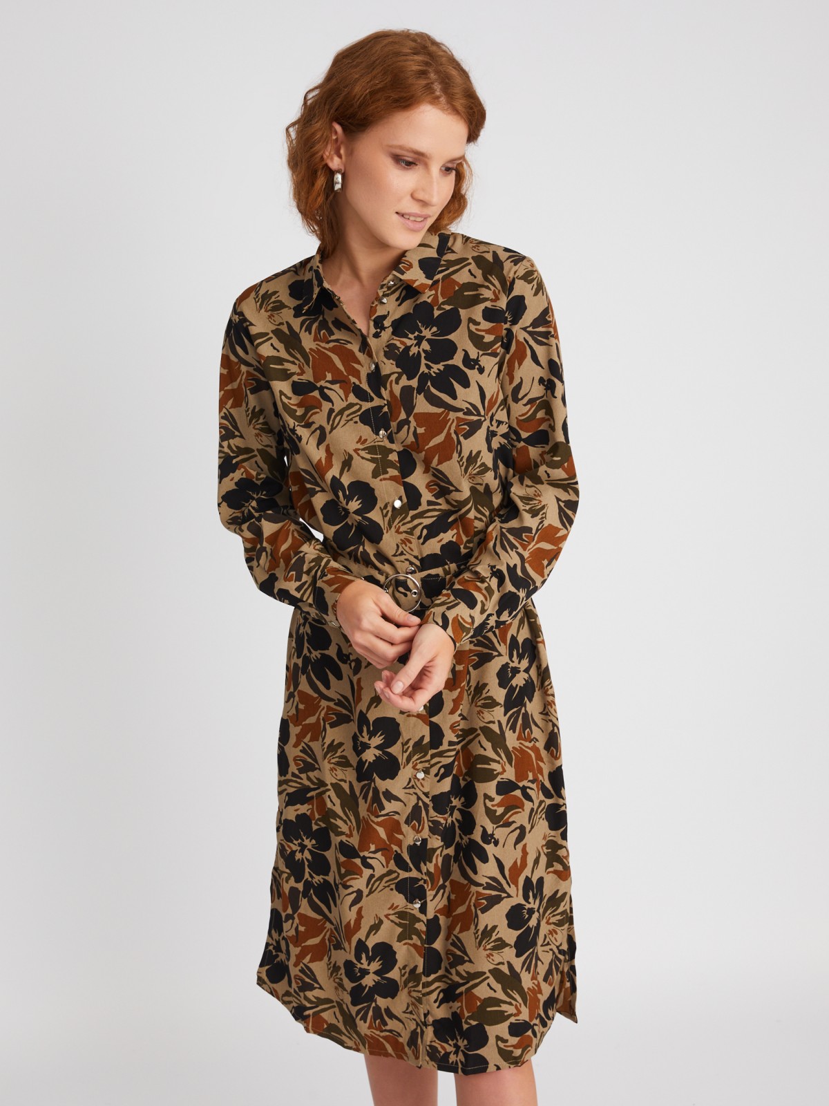 Платье-рубашка прямого силуэта с ремнём на талии и цветочным принтом zolla 022328240153, размер M