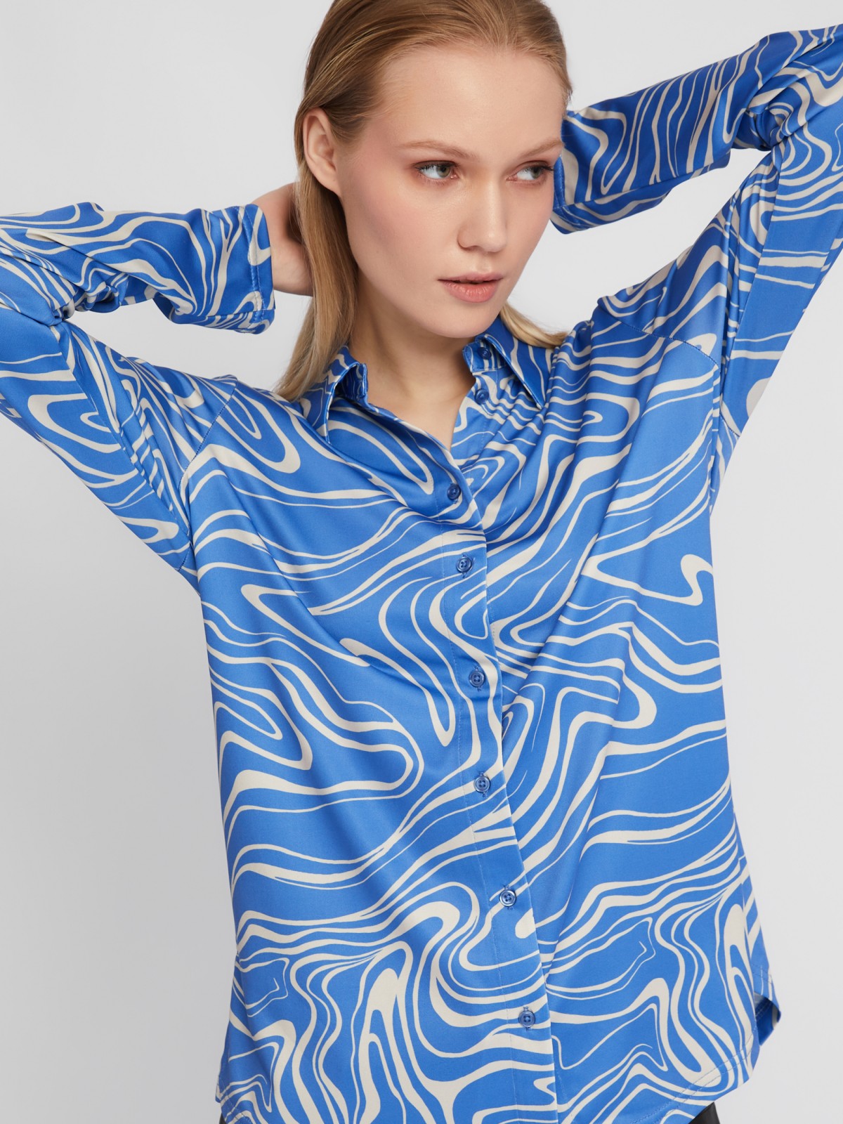 Рубашка из принтованного трикотажа с длинным рукавом zolla 024111159493, цвет голубой, размер XS - фото 3