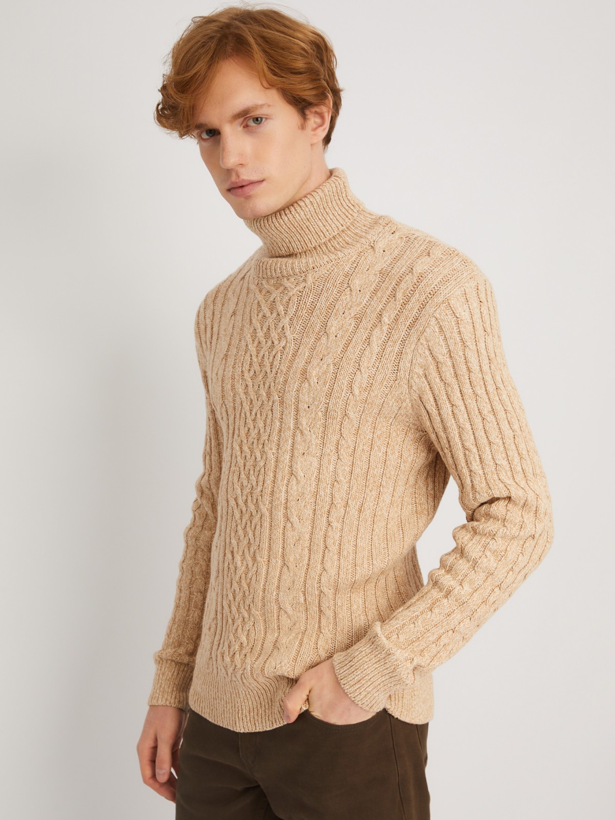 Вязаный свитер с фактурным узором косы zolla 013446165093, цвет коричневый, размер S - фото 5