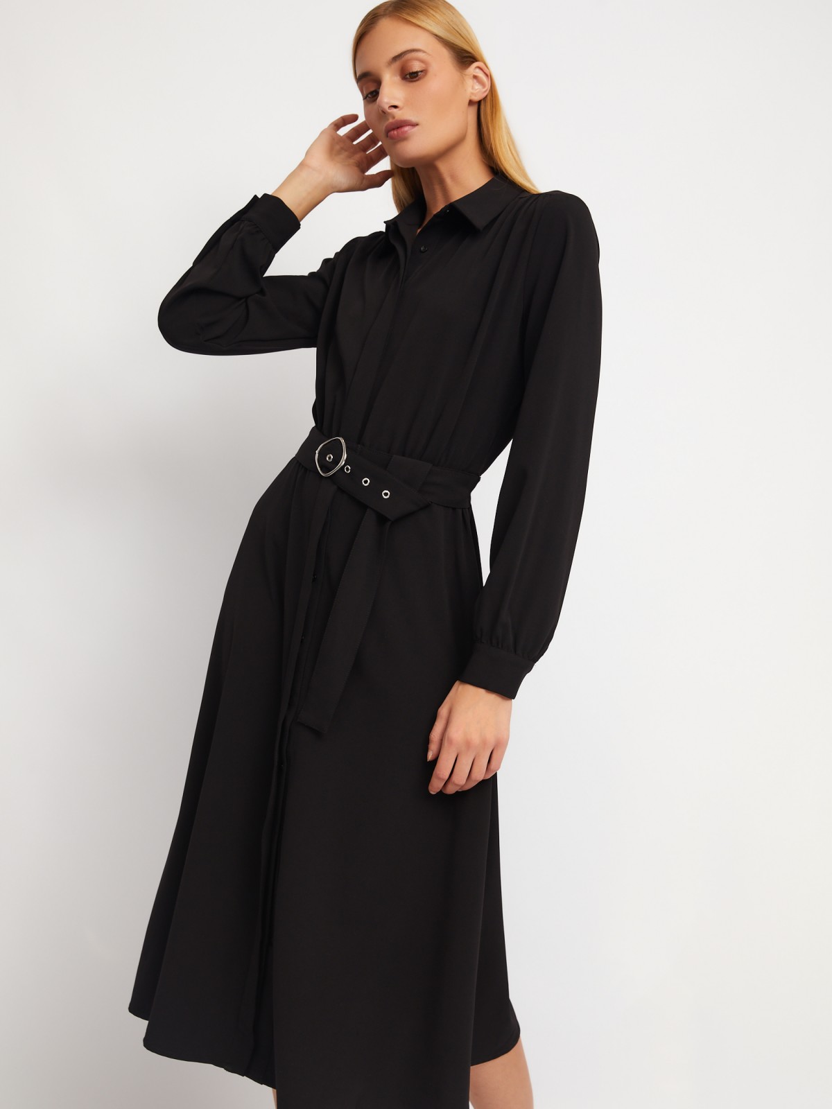 Платье-рубашка длины миди с воротником и акцентном на талии zolla 024118208223, цвет черный, размер XS - фото 3