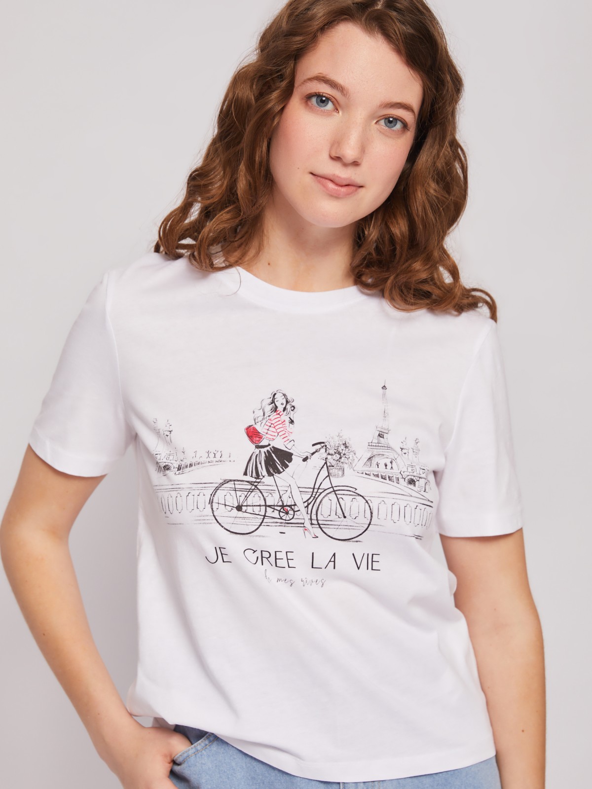 Трикотажная футболка из хлопка с принтом zolla 024223273413, цвет белый, размер M - фото 4