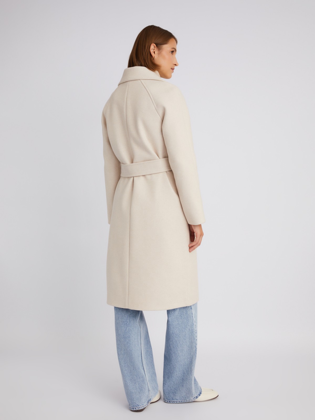Длинное пальто без утеплителя на кнопках с рукавами реглан и поясом zolla 023335857044, цвет бежевый, размер XS - фото 6