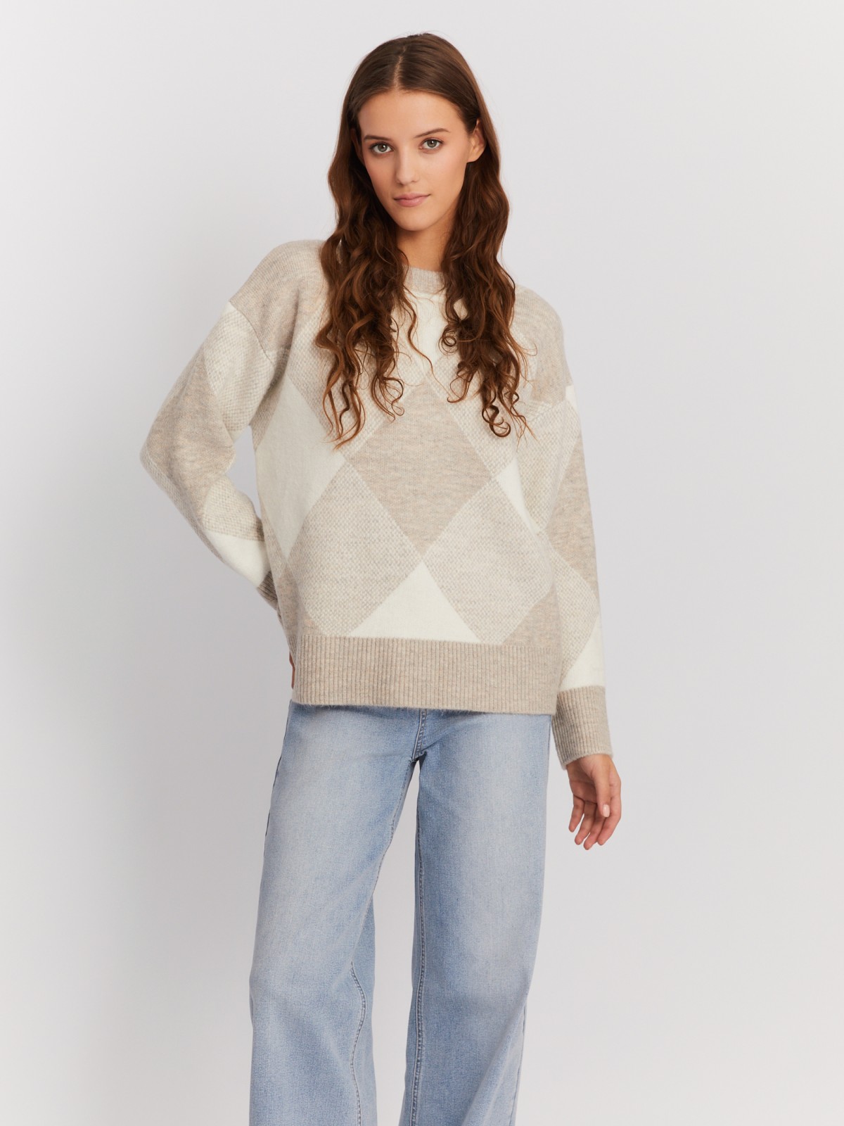 Вязаный джемпер объёмного фасона в ромб