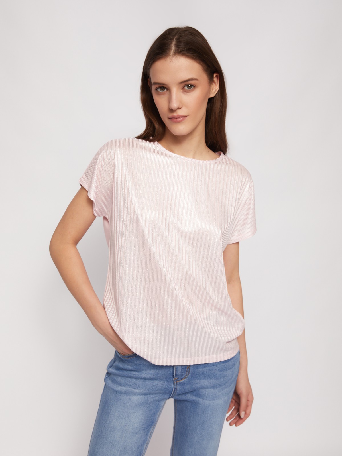 Трикотажный комбинированный топ-блузка с блеском zolla 024223226033, цвет розовый, размер XS - фото 5