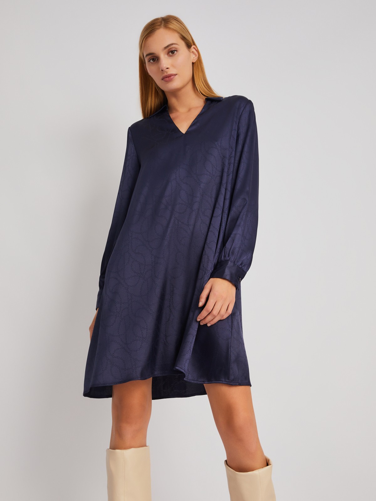 Атласное платье длины мини с воротником и акцентном на талии zolla 024118262193, цвет синий, размер XS