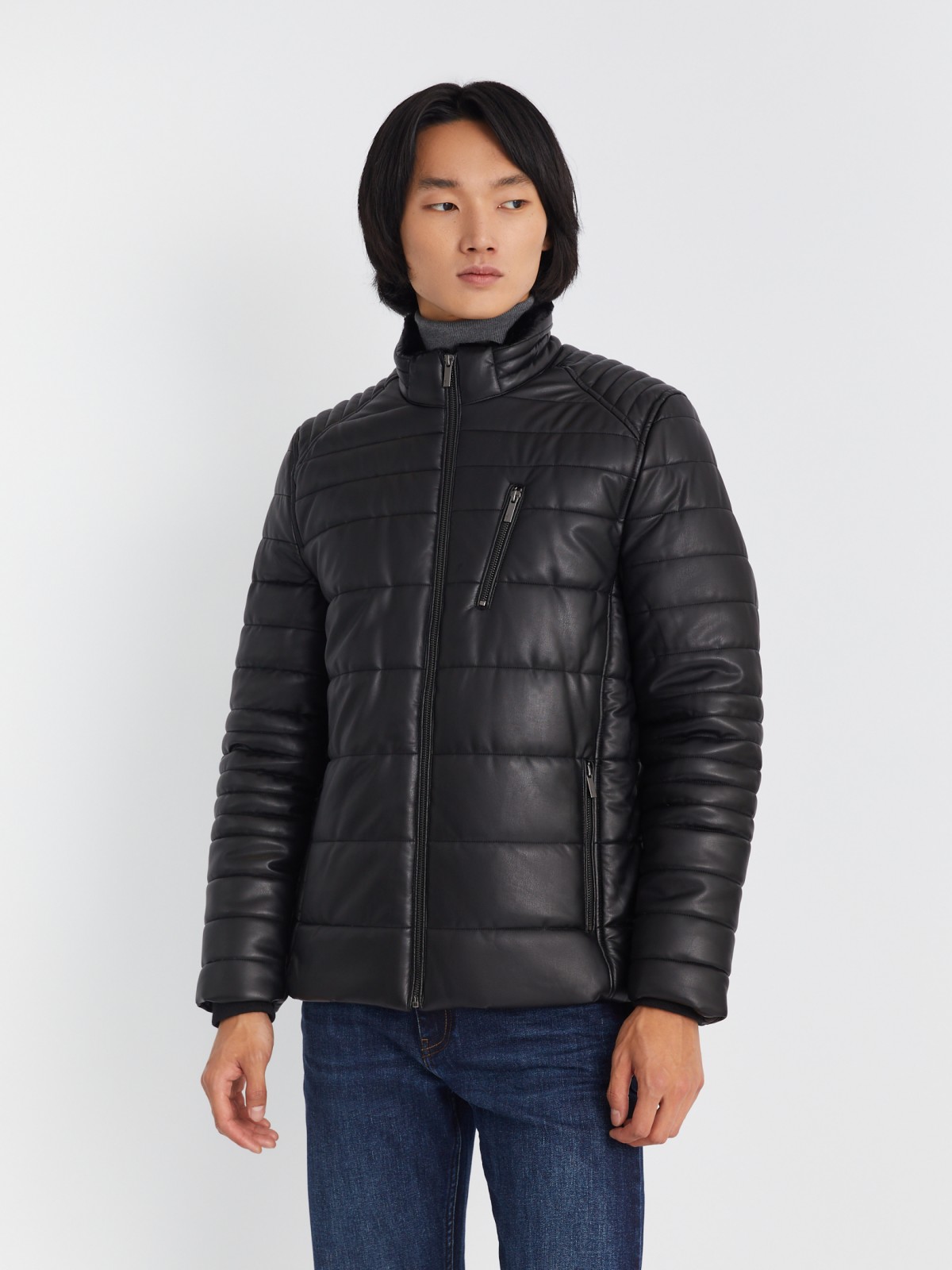 Тёплая стёганая куртка из экокожи на синтепоне с воротником-стойкой zolla 013345150014, цвет черный, размер S - фото 3