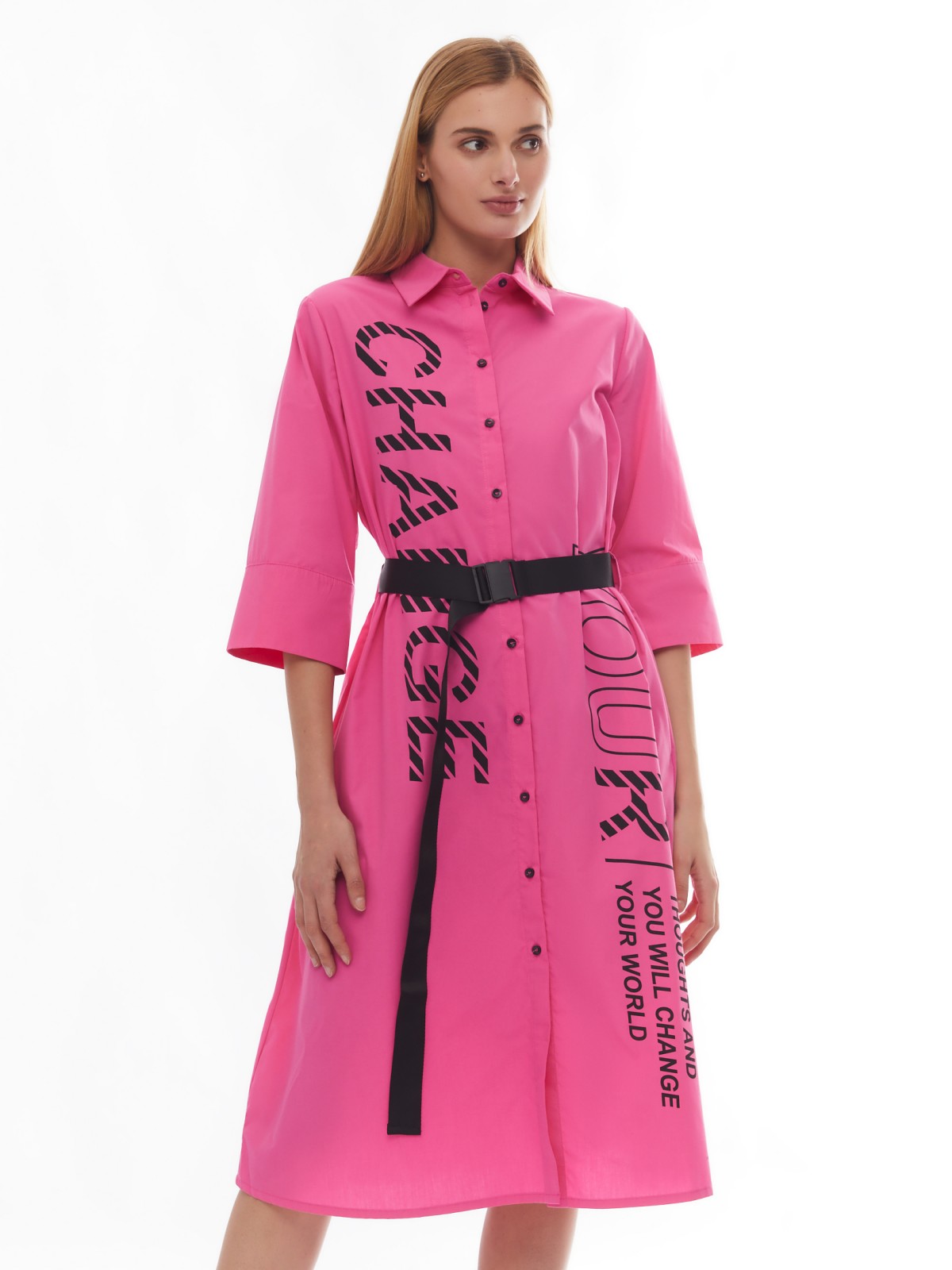 Платье-рубашка длины миди с надписями и ремнём zolla 024138240443, цвет фуксия, размер XS