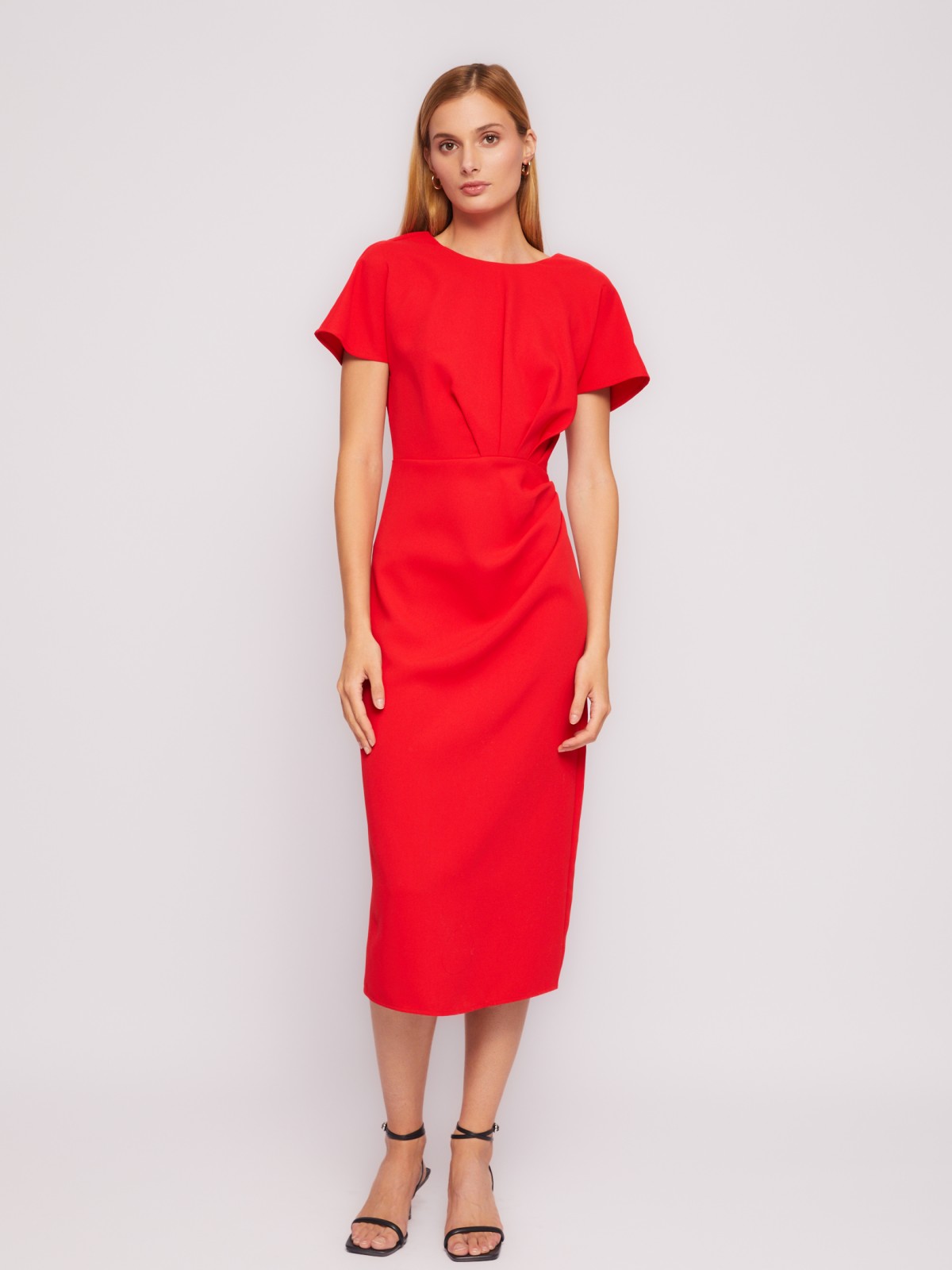 Платье длины миди с драпировкой и вырезом на спине zolla 024218239311, цвет красный, размер XS - фото 3