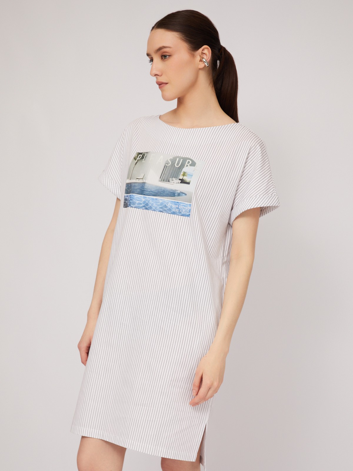 Платье-футболка из хлопка с принтом zolla 024248259593, цвет белый, размер S - фото 5