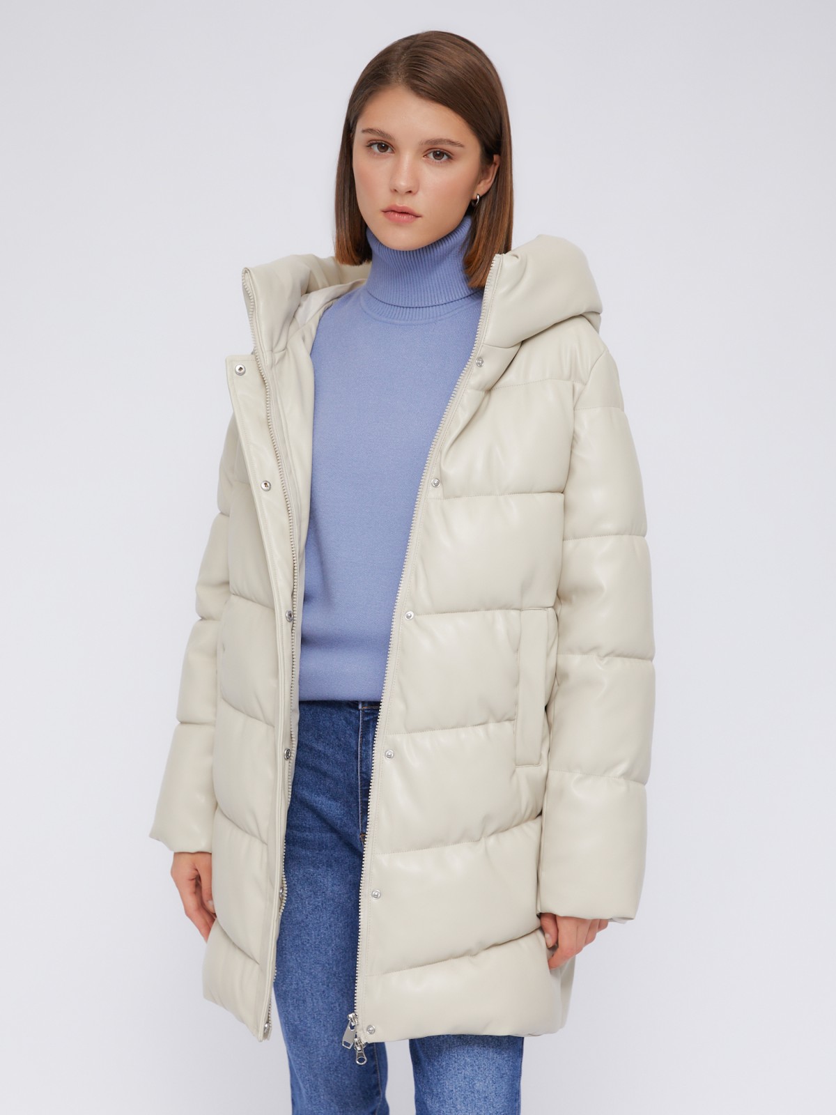 Тёплая стёганая куртка-пальто из экокожи с капюшоном