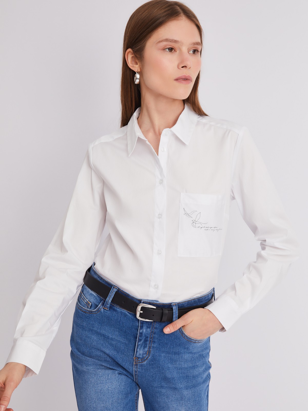 Офисная рубашка прямого силуэта с акцентом на кармане zolla 223311159042, цвет белый, размер S - фото 1