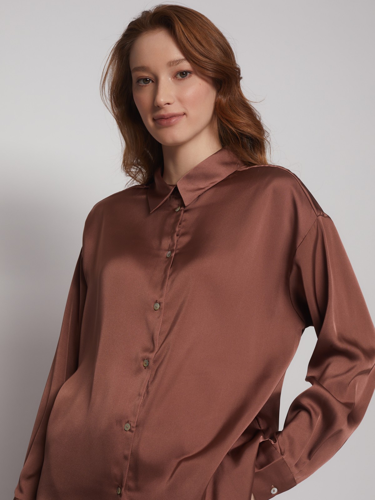 Рубашка из атласной ткани zolla 22231117Y151, цвет коричневый, размер XS - фото 3