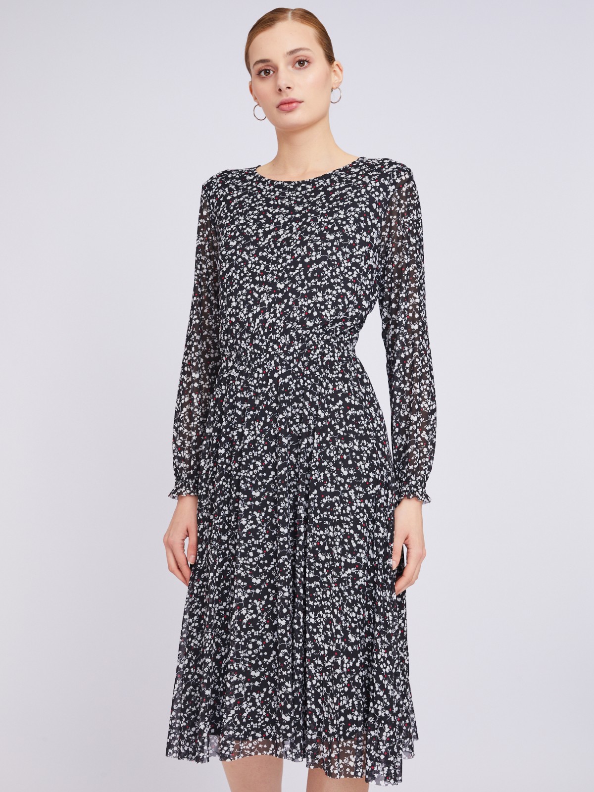 Принтованное платье длины миди из сетки zolla 023318159012, цвет черный, размер M - фото 1