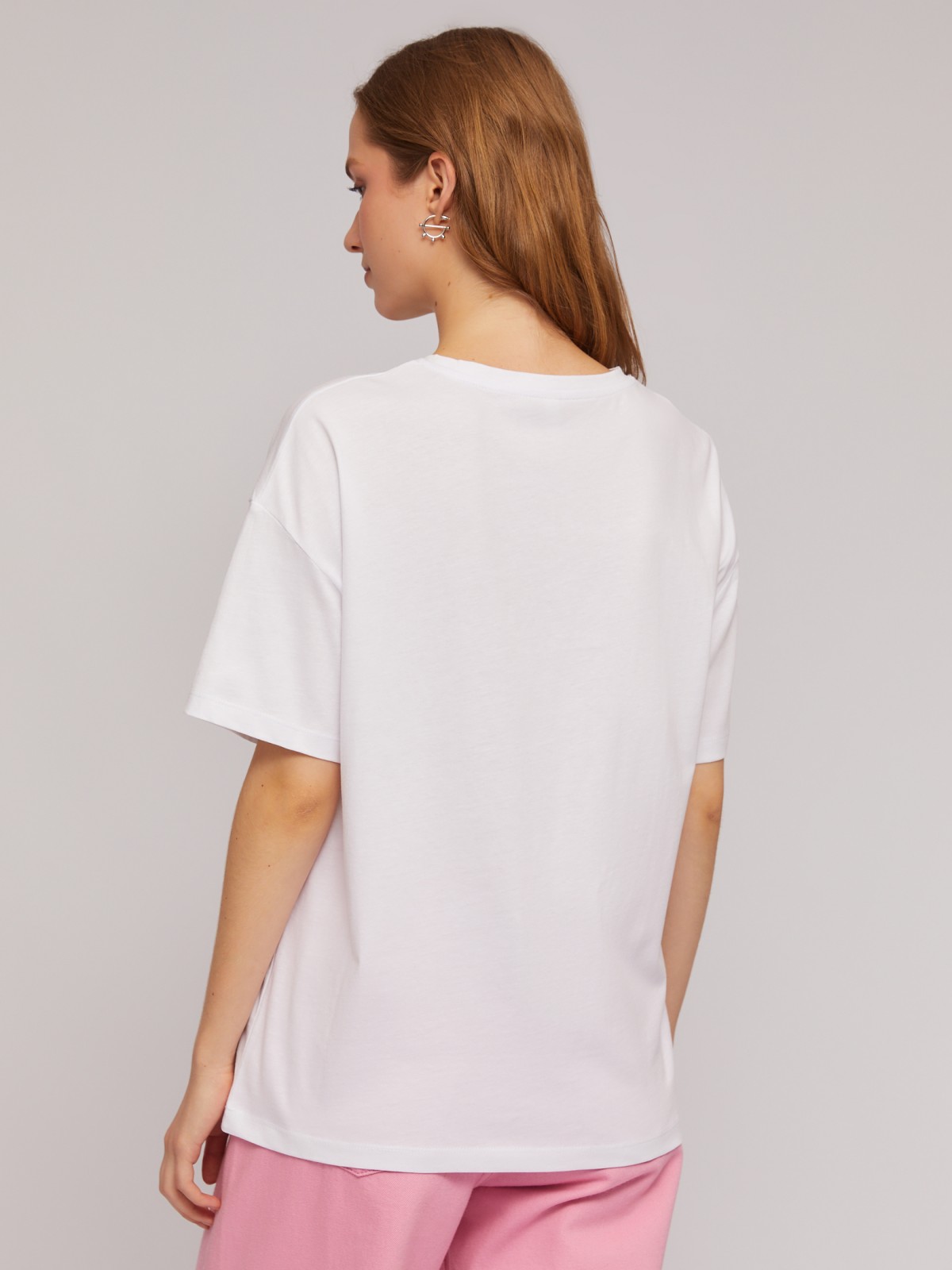 Трикотажная оверсайз футболка из хлопка с принтом zolla N24243292291, цвет молоко, размер XS - фото 6