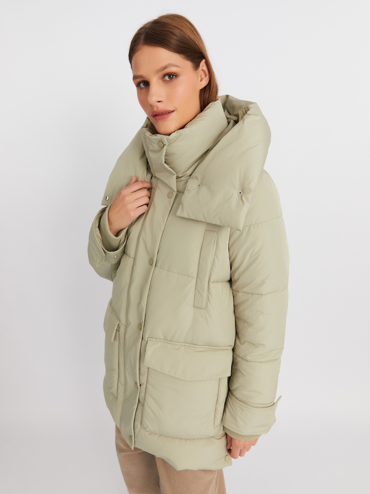 Тёплая куртка-пальто с капюшоном и боковыми шлицами zolla 022425212054, цвет хаки, размер XS - фото 3