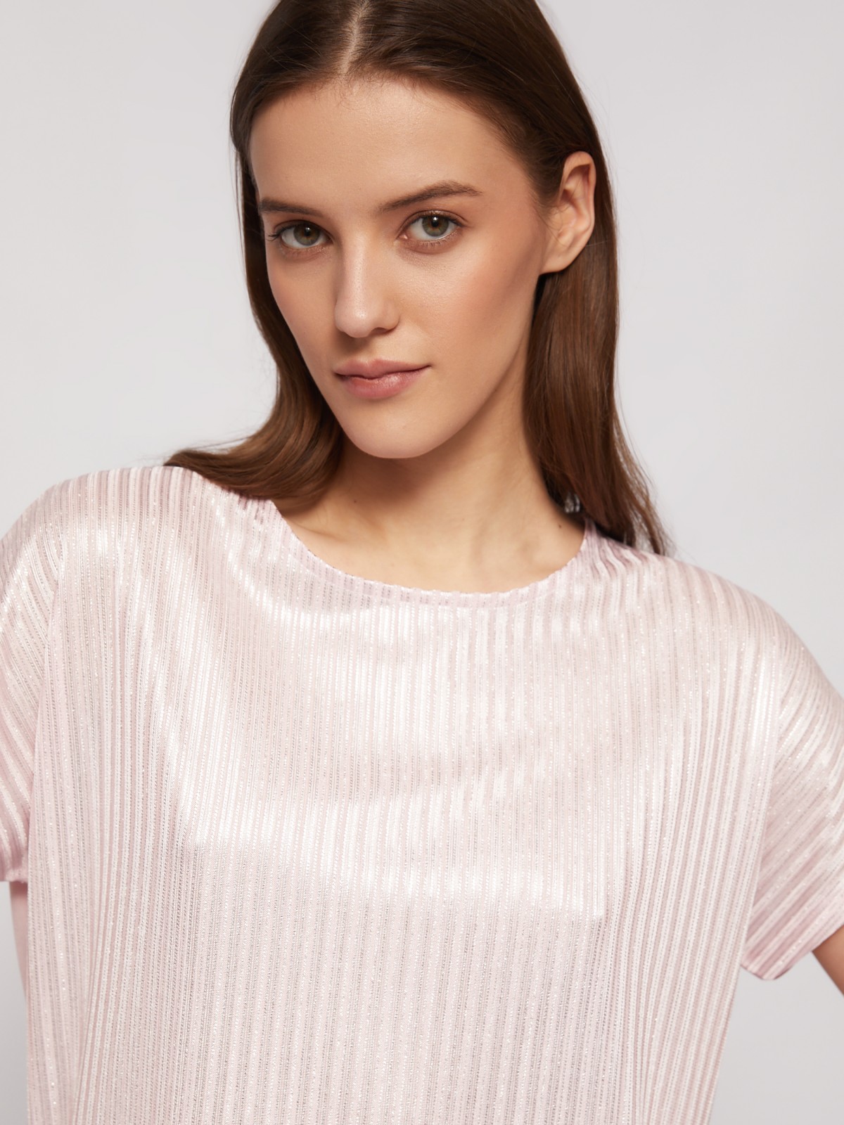 Трикотажный комбинированный топ-блузка с блеском zolla 024223226033, цвет розовый, размер XS - фото 3