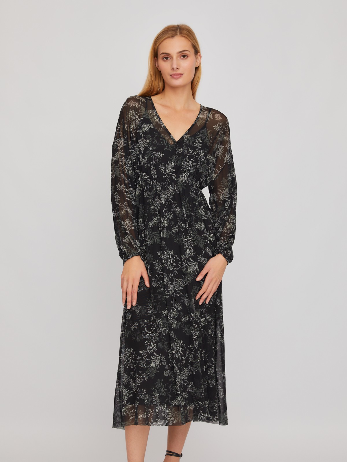 Двойное ярусное платье из сетки с принтом и нижней комбинации zolla 024118159131, цвет черный, размер S