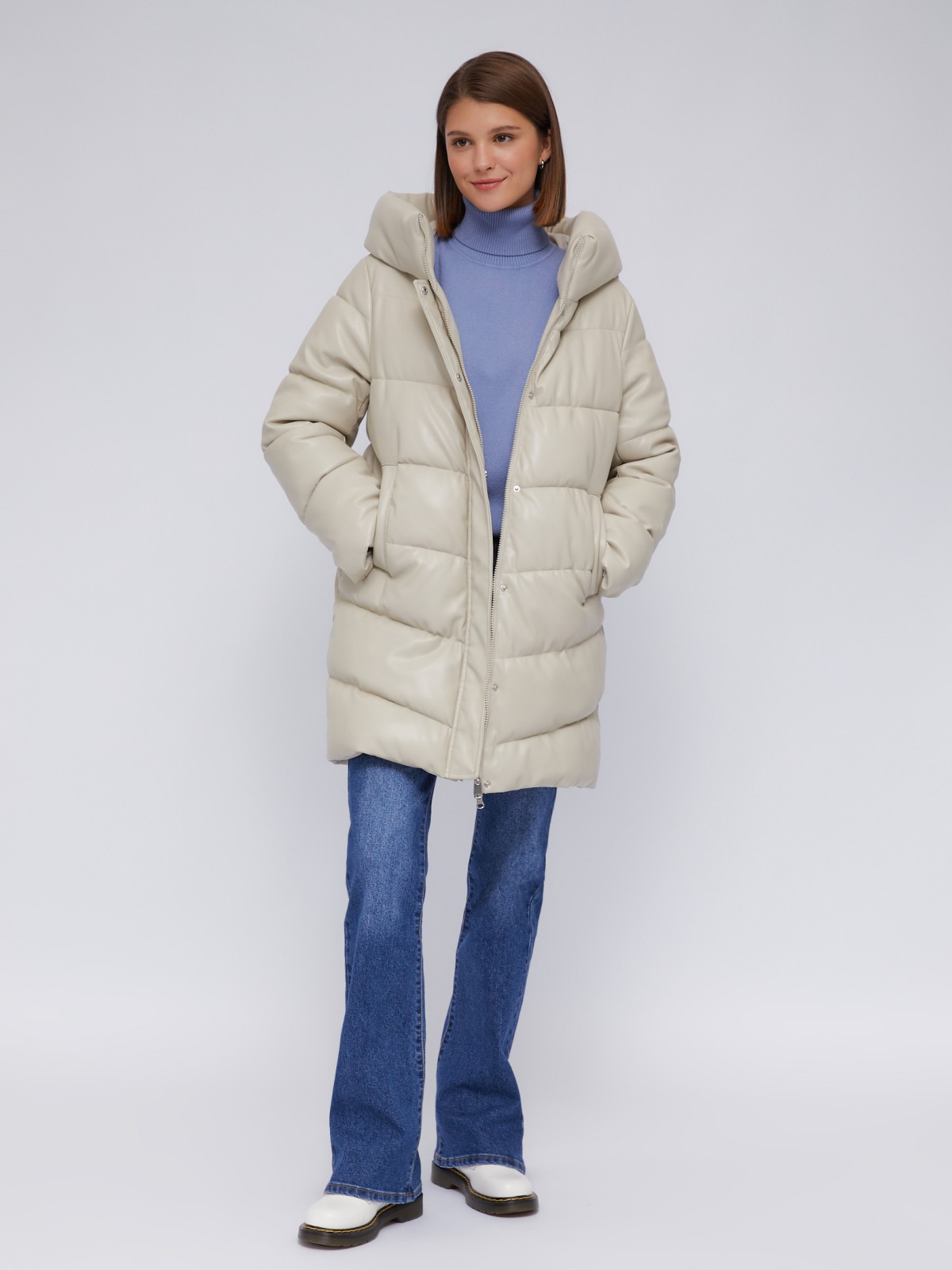 Тёплая стёганая куртка-пальто из экокожи с капюшоном