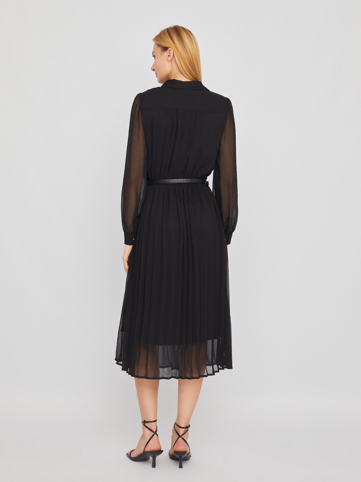 Шифоновое платье-рубашка длины миди с плиссировкой и акцентном на талии zolla 024118262033, цвет черный, размер S - фото 5