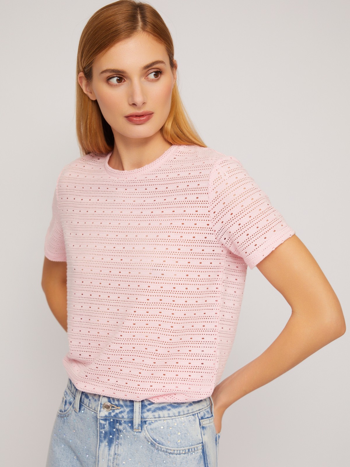 Блузка-футболка из ажурного трикотажа zolla 024233210253, цвет розовый, размер XS