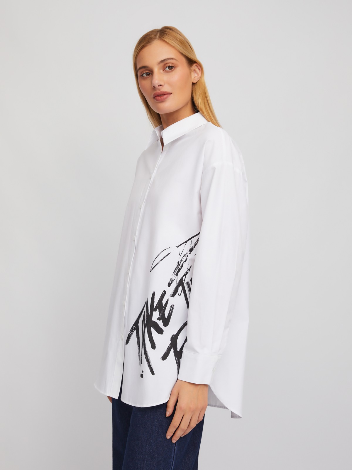 Рубашка удлинённого силуэта с принтом zolla 02411117Y293, цвет белый, размер XS - фото 3