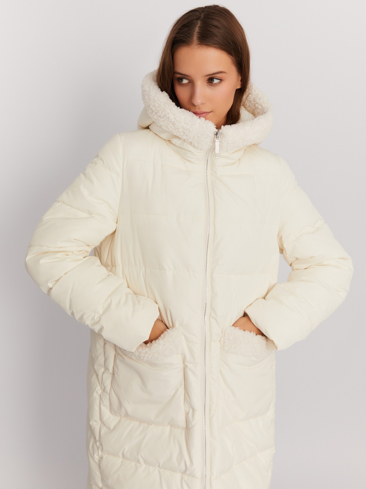 Тёплая куртка-пальто с капюшоном и отделкой из экомеха zolla 022425276044, цвет молоко, размер M - фото 2