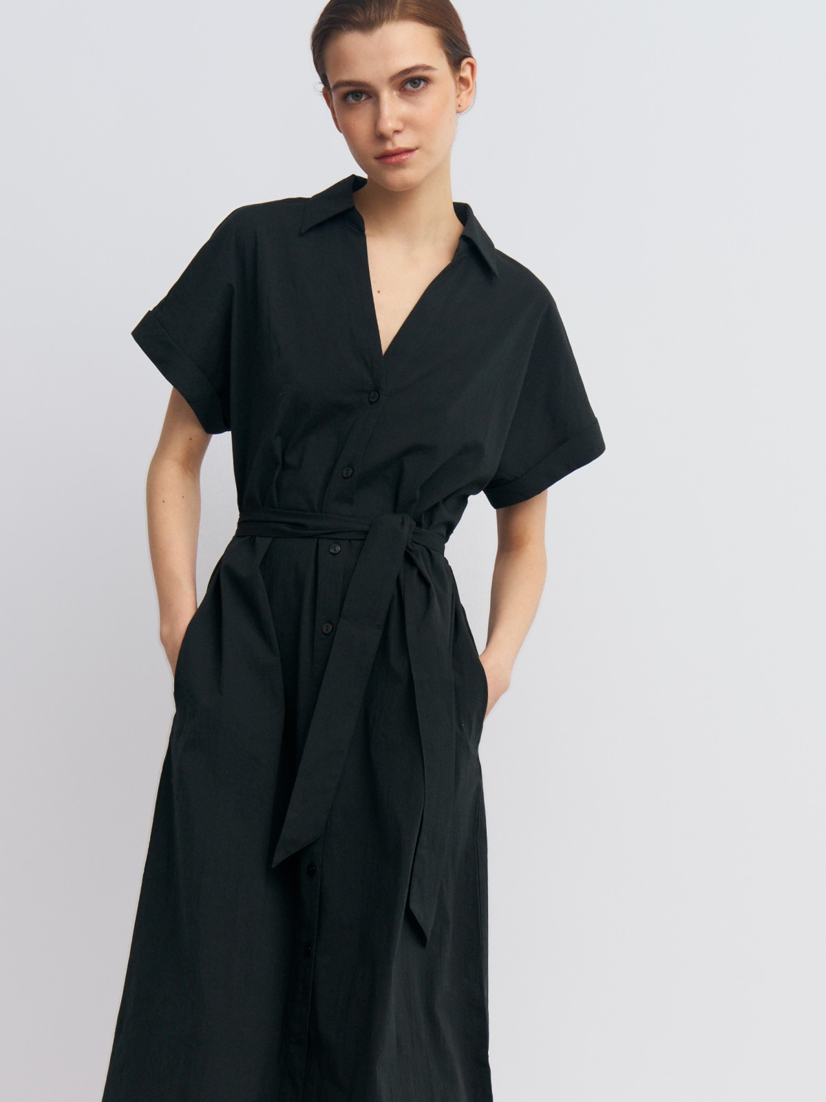 Платье-рубашка из хлопка с коротким рукавом и поясом