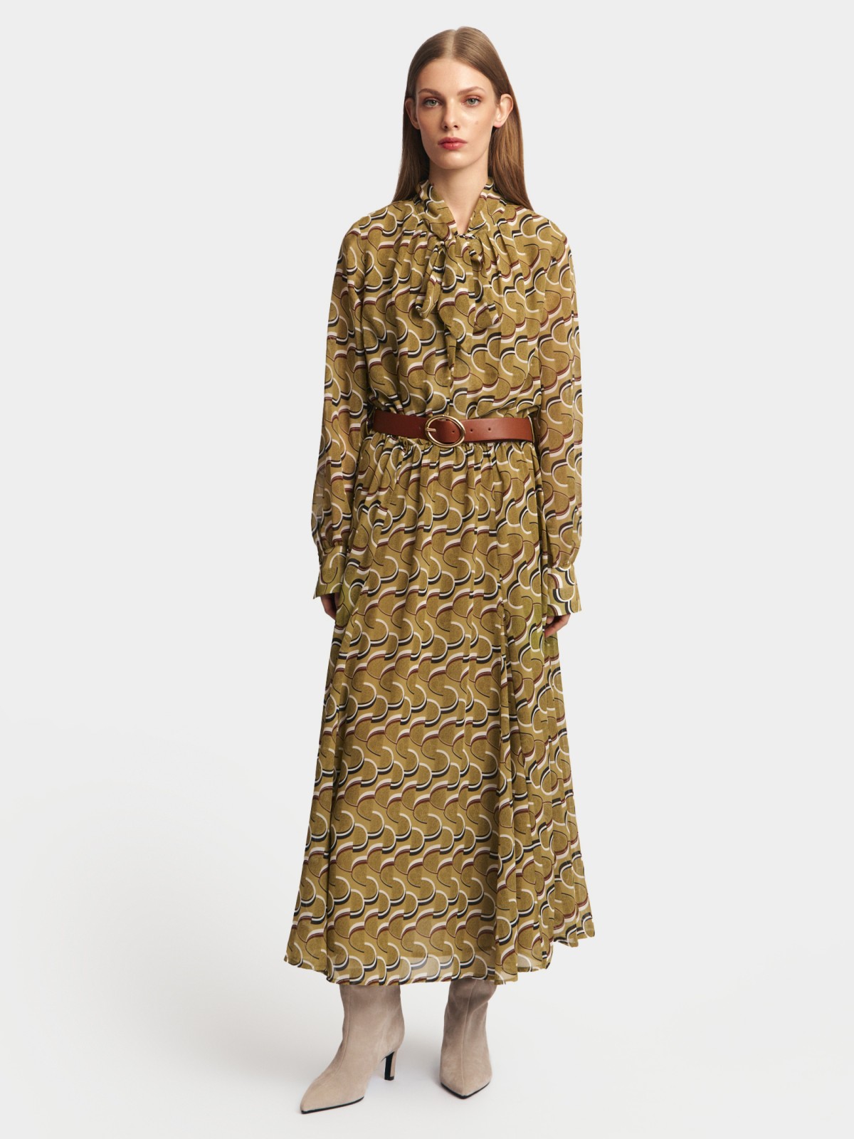 Платье миди из шифона с бантом и ремнём