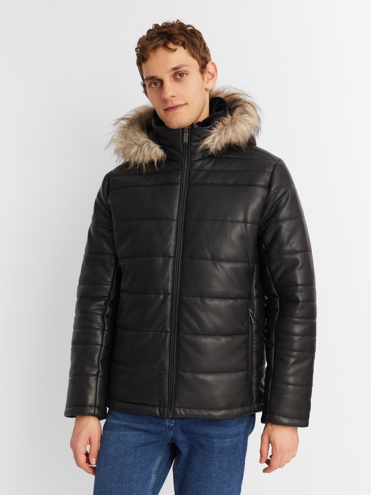 Тёплая куртка из экокожи со съёмным капюшоном и опушкой из экомеха zolla 013425102034, цвет черный, размер L - фото 3