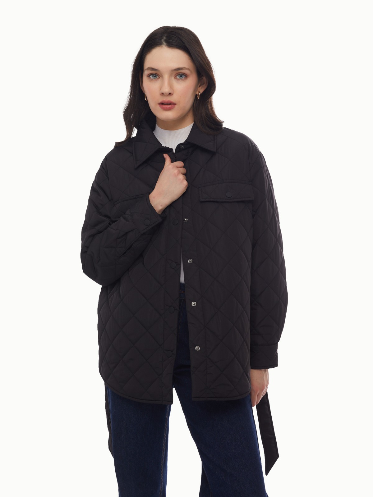 Утеплённая стёганая куртка-рубашка на синтепоне с поясом zolla 024135102134, цвет черный, размер XS - фото 1