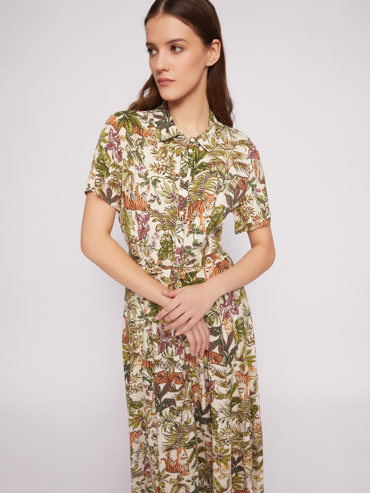 Платье-рубашка из вискозы с принтом и с поясом zolla 02421827Y453, цвет бежевый, размер M - фото 2