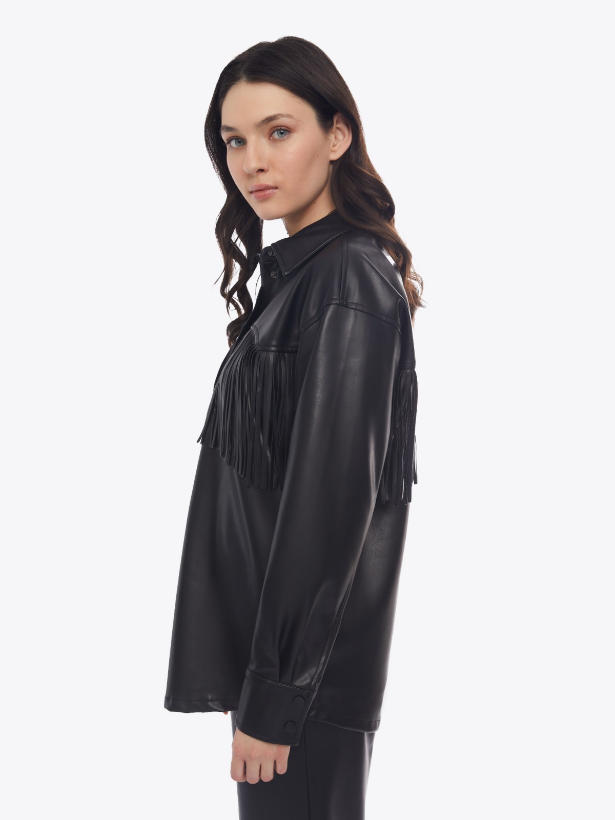 Куртка-рубашка из экокожи с бахромой на кокетке zolla 02413540L051, цвет черный, размер S - фото 5