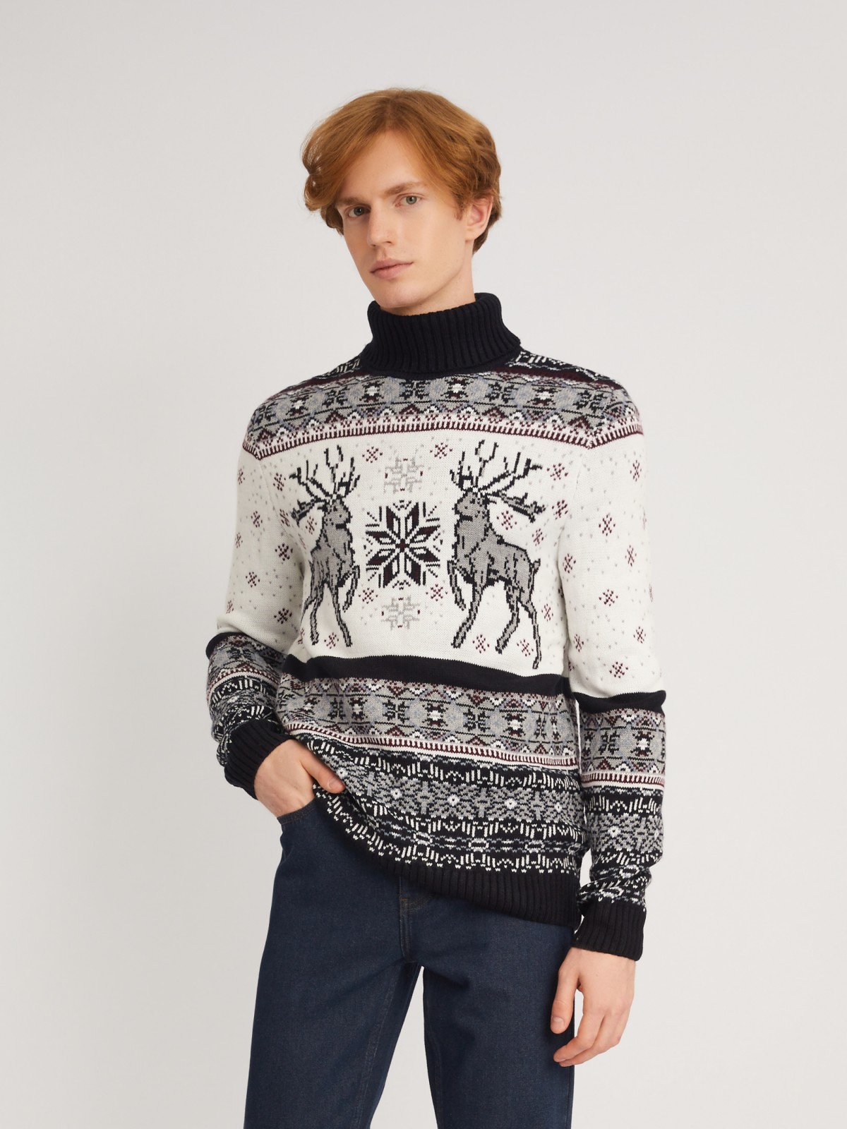 Вязаный свитер из акрила со скандинавским узором с оленями zolla 013446101083, цвет синий, размер M - фото 1
