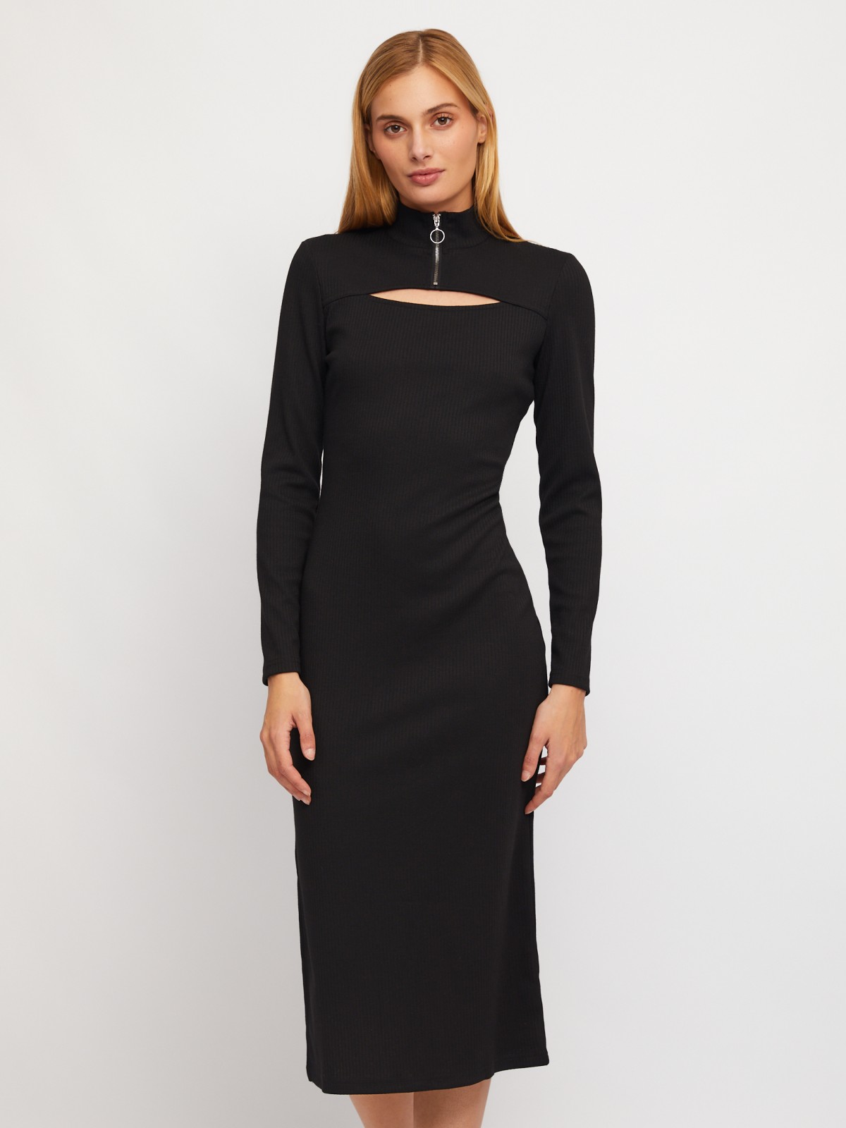 Трикотажное платье-лапша с горлом на молнии и вырезом zolla 02411812L301, цвет черный, размер S - фото 1
