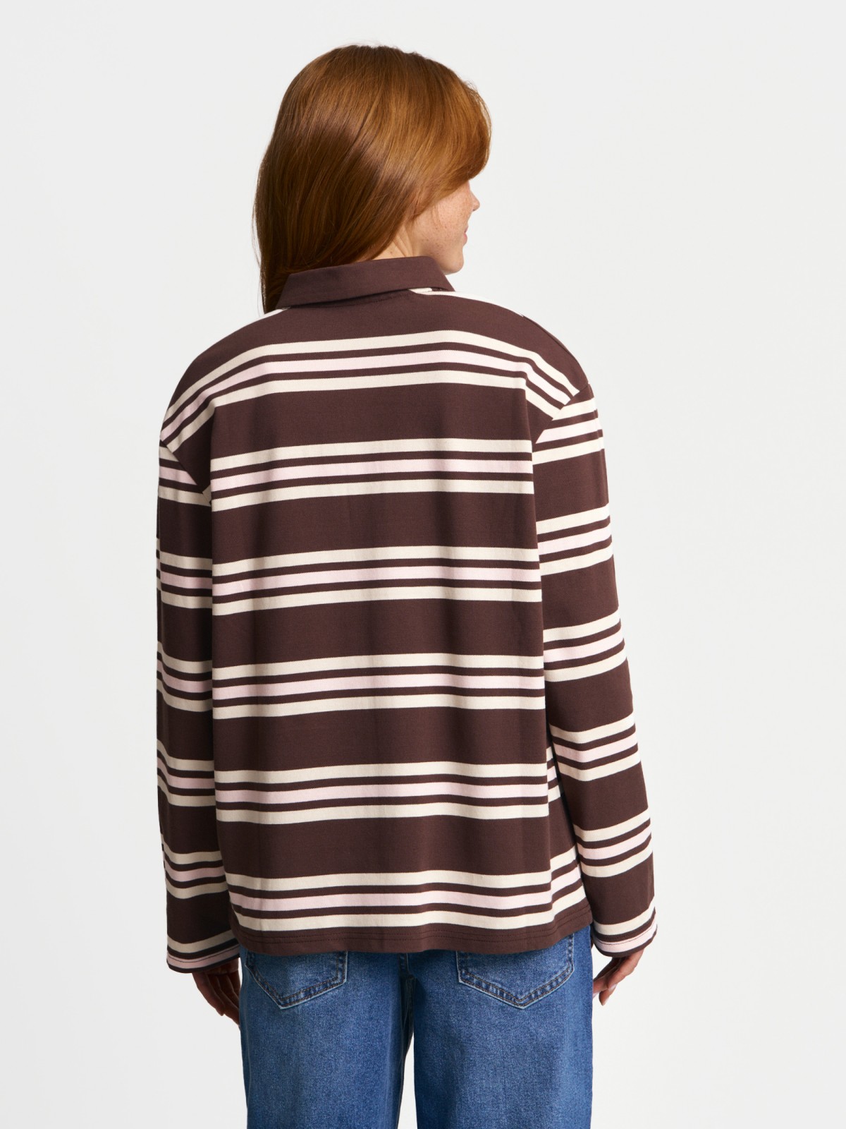 Трикотажный джемпер-лонгслив в полоску с воротником поло