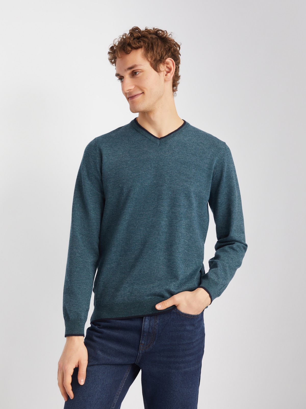 Тонкий трикотажный пуловер с длинным рукавом zolla 014116101082, цвет темно-бирюзовый, размер M - фото 4