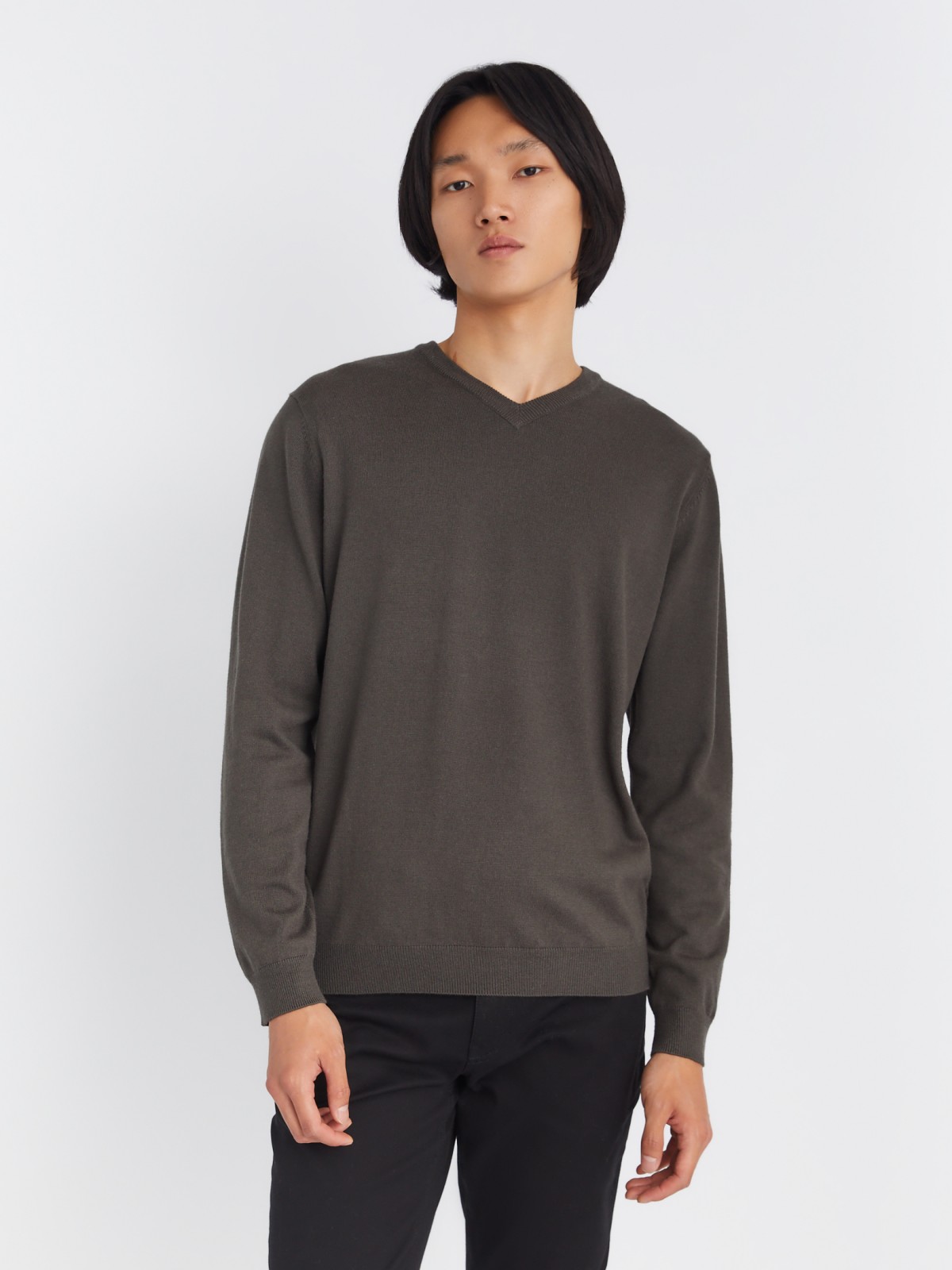 Шерстяной трикотажный пуловер с треугольным вырезом и длинным рукавом zolla 013346163042, цвет темно-серый, размер M - фото 4