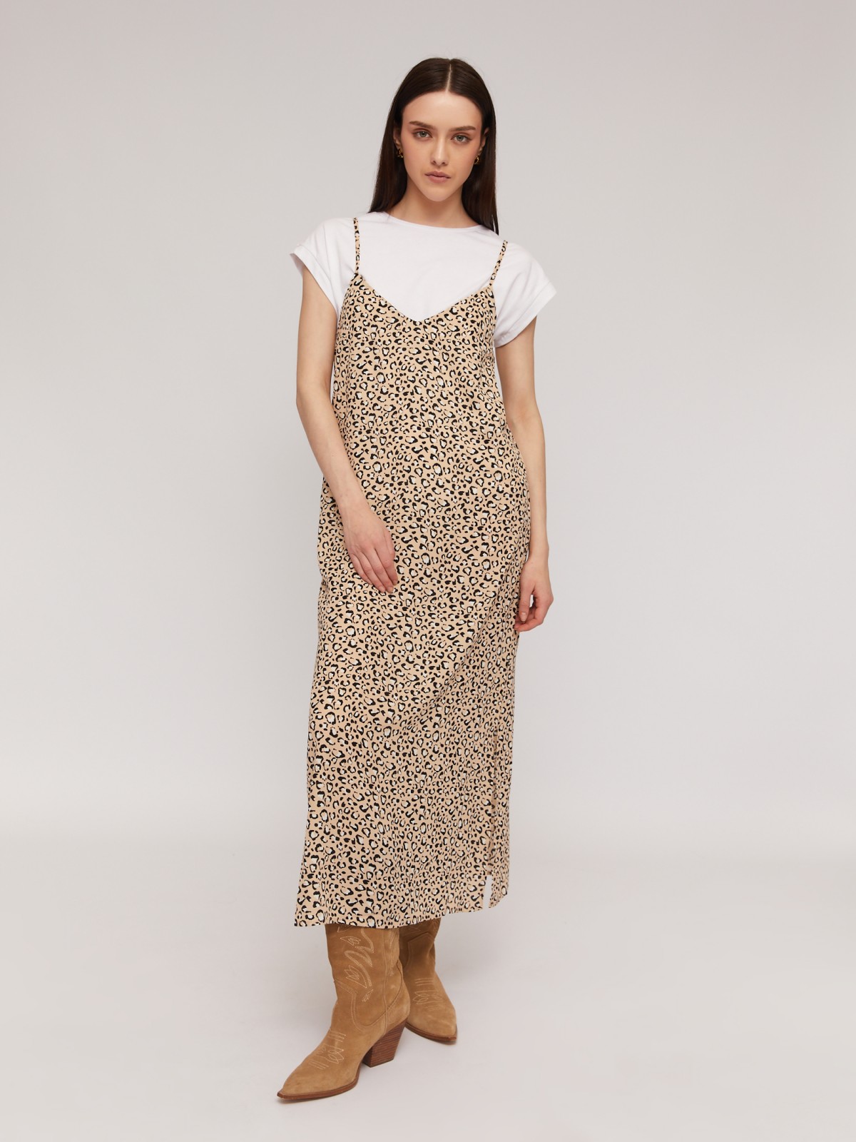 Леопардовое платье-комбинация с боковыми разрезами