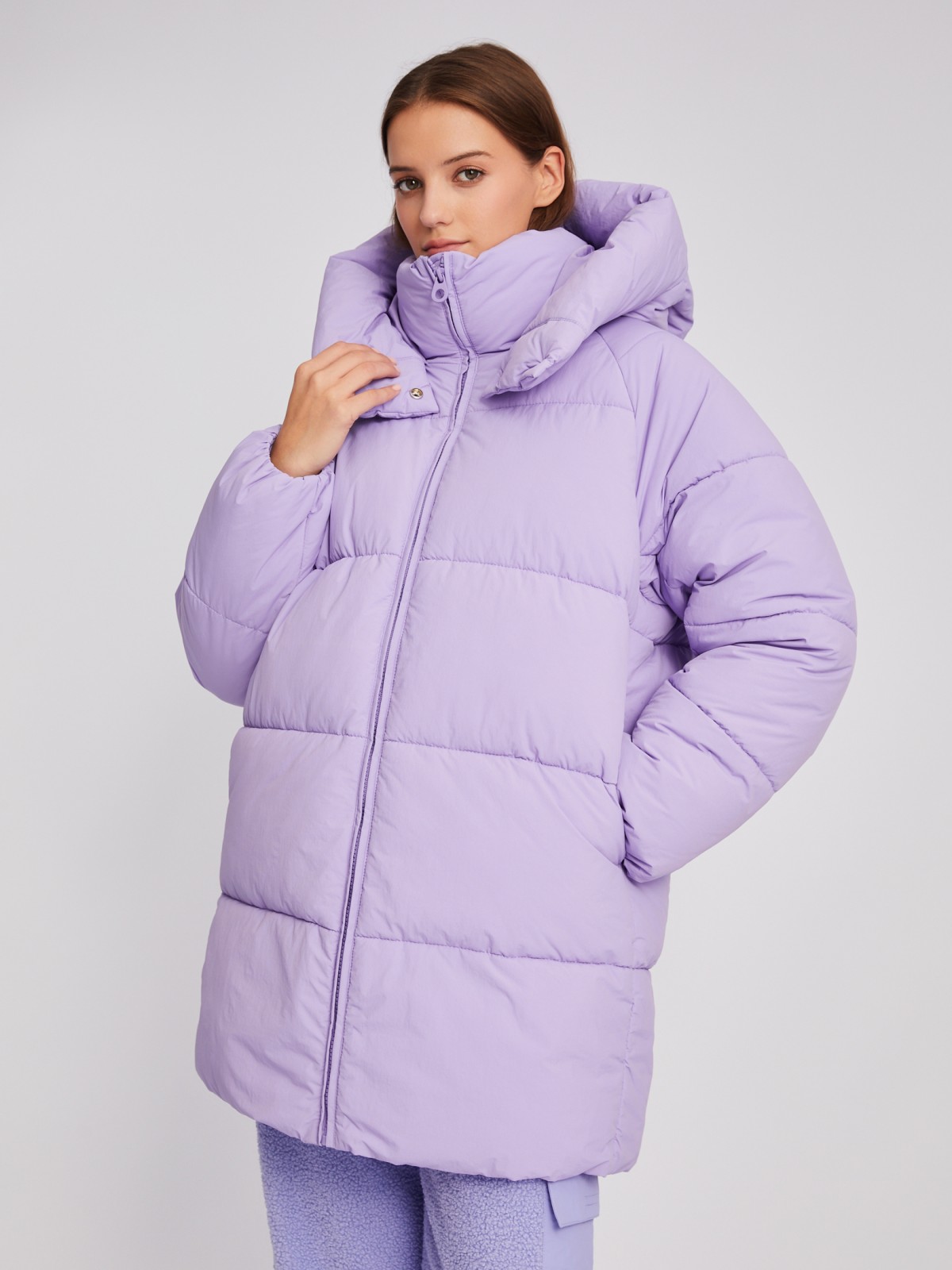 Тёплая куртка-пальто оверсайз силуэта с капюшоном zolla 02342520L054, цвет фиолетовый, размер S - фото 3