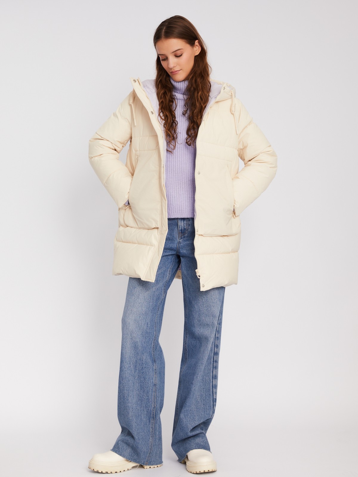 Тёплая стёганая куртка-пальто с капюшоном zolla 023345202114, цвет молоко, размер XS - фото 2