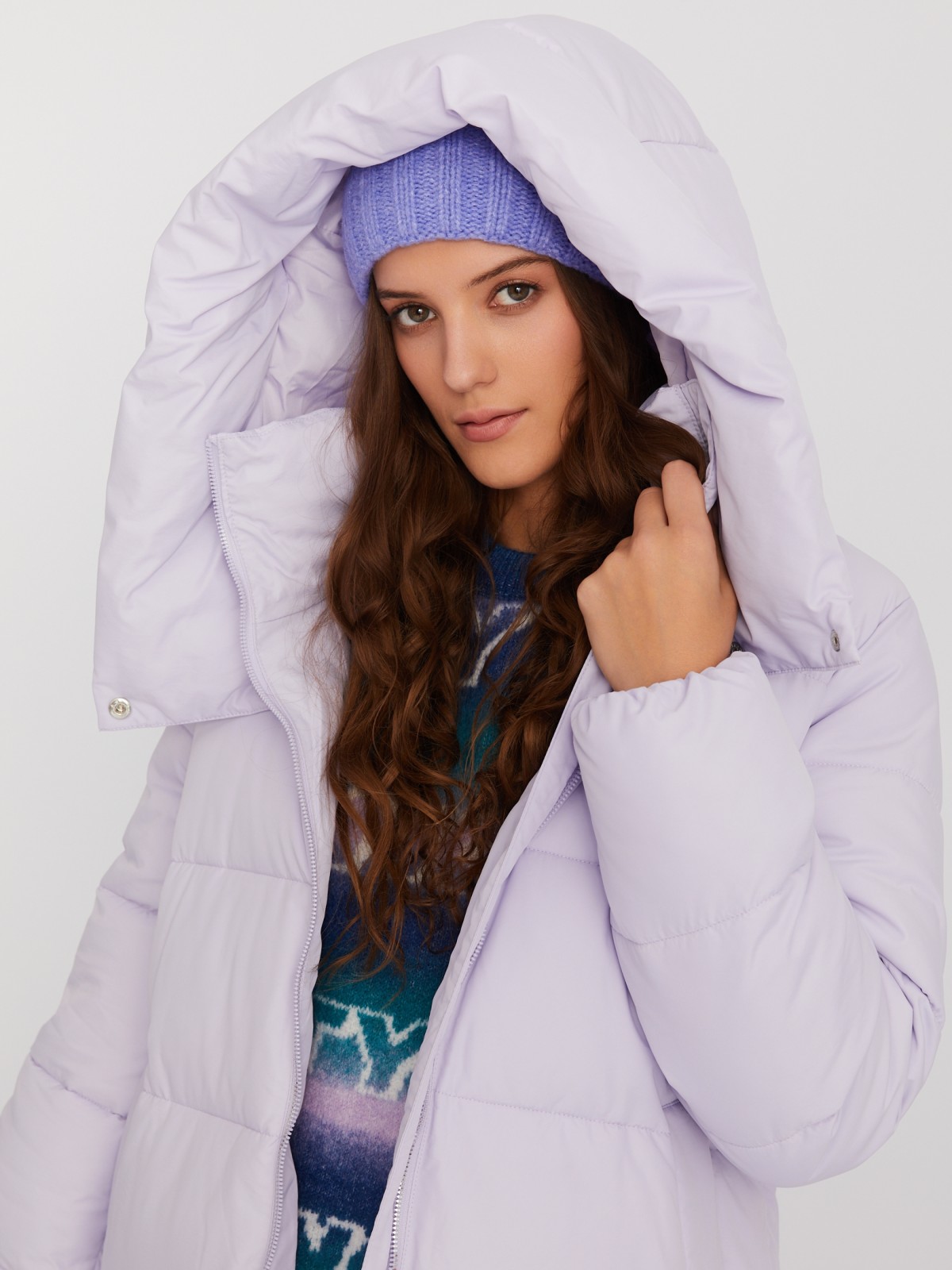 Тёплая куртка-пальто с капюшоном и боковыми шлицами на кнопках zolla 023425202074, цвет лиловый, размер XS - фото 4
