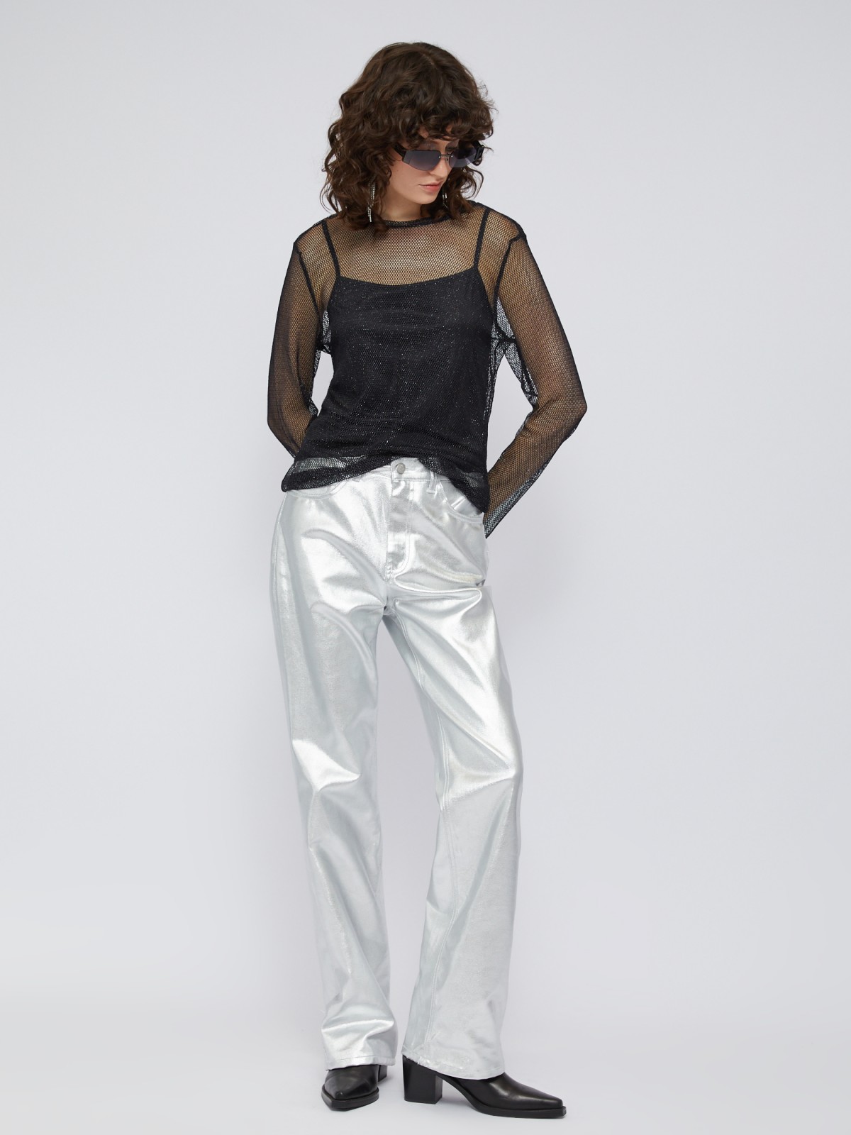 Лонгслив из сетки с люрексом и нижним топом