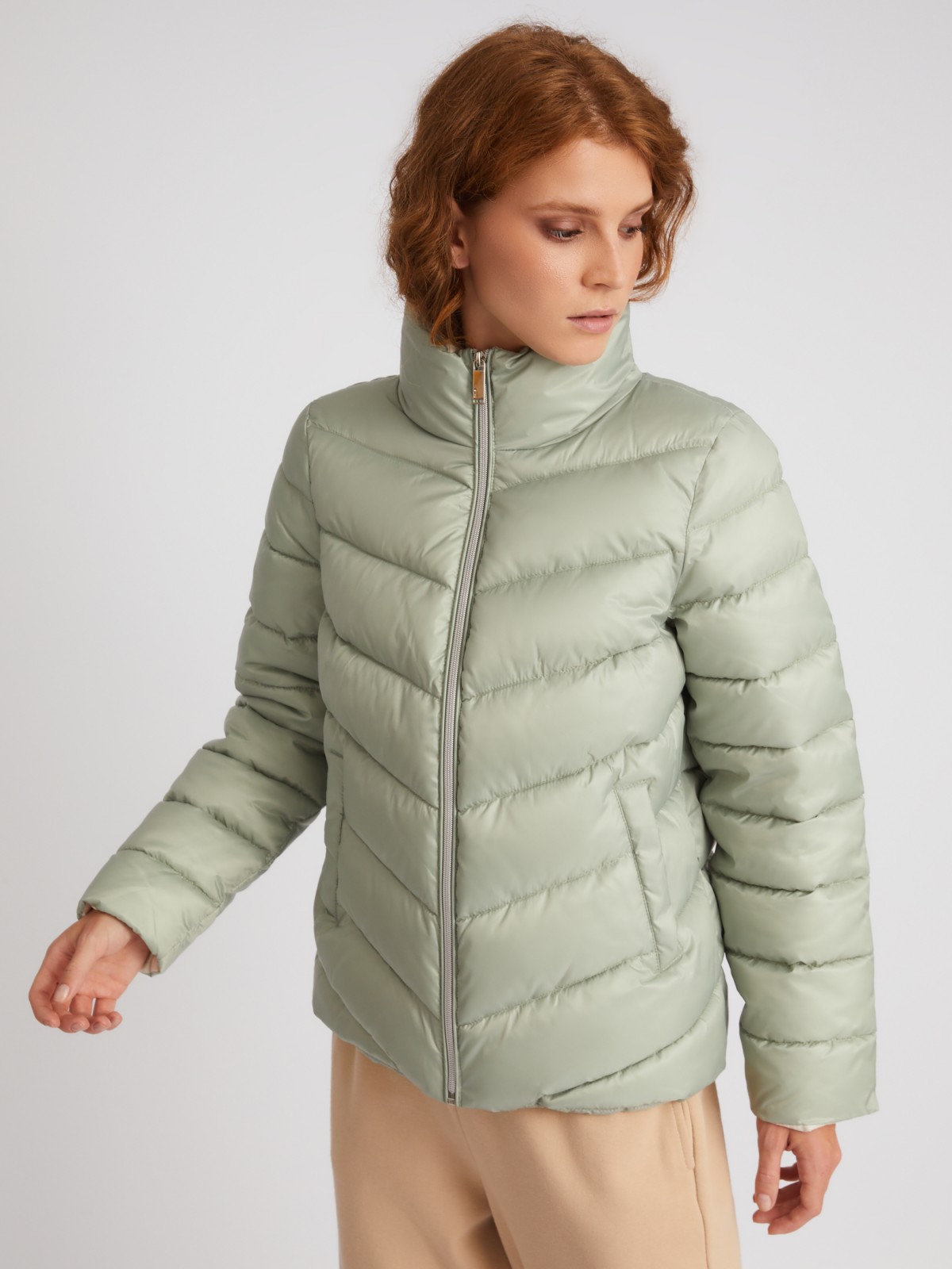 Тёплая стёганая куртка на молнии с высоким воротником zolla 023335102204, цвет светло-зеленый, размер M - фото 4