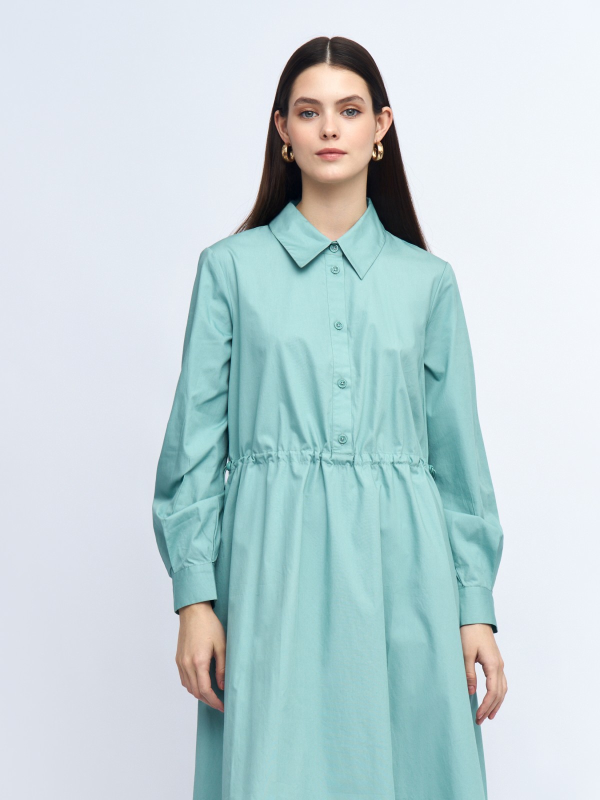 Платье-рубашка миди из хлопка с кулиской