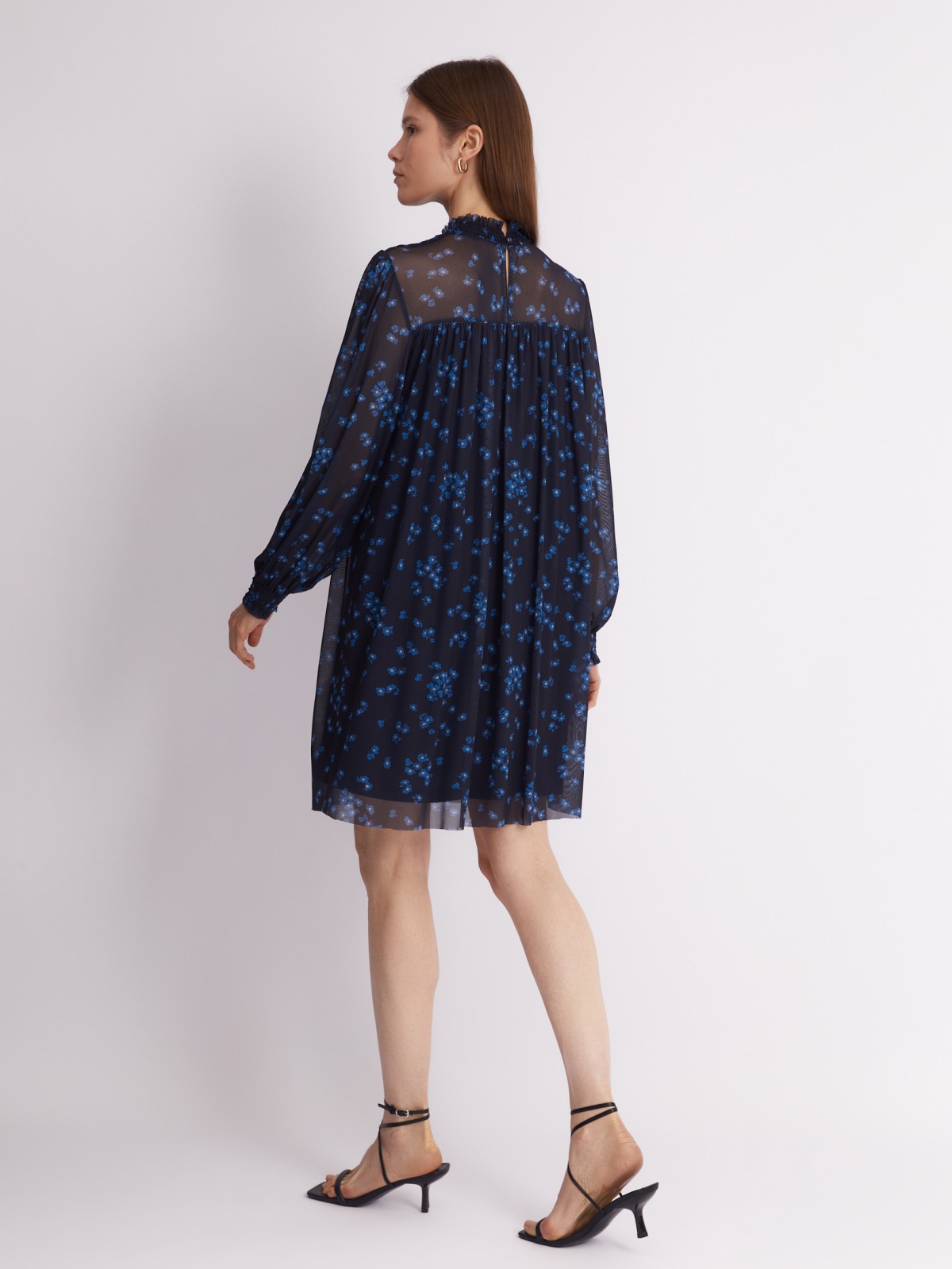Платье А-силуэта из сетчатой ткани с цветочным принтом и акцентной кокеткой zolla 223338155093, размер XS - фото 6