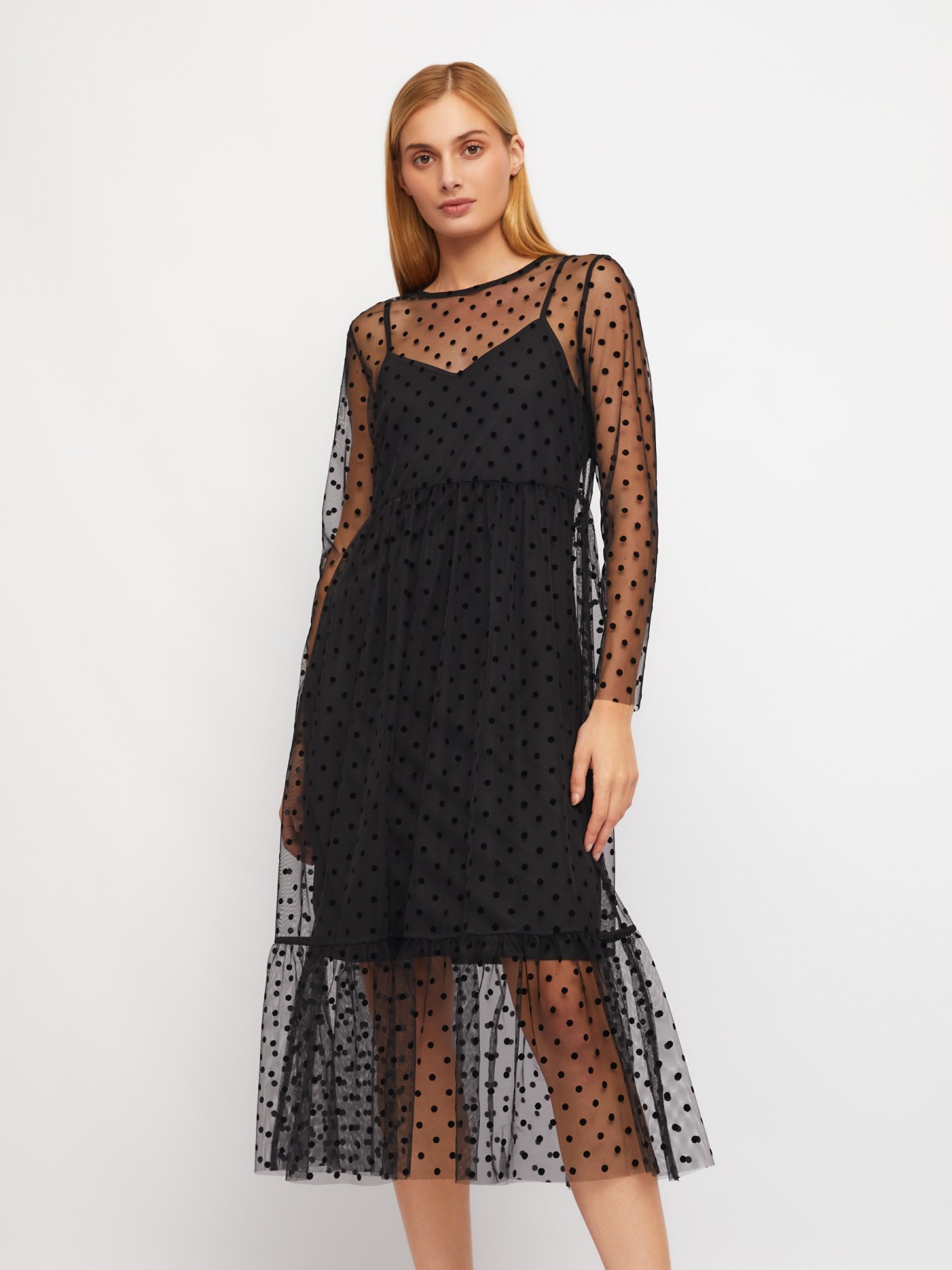 Двойное ярусное платье из сетки в горошек и нижней комбинации zolla 024118132043, цвет черный, размер XS - фото 1