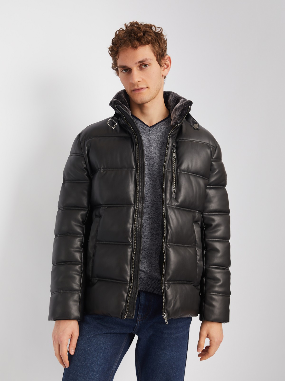 Тёплая куртка из экокожи с воротником-стойкой zolla 013425102014, цвет черный, размер M