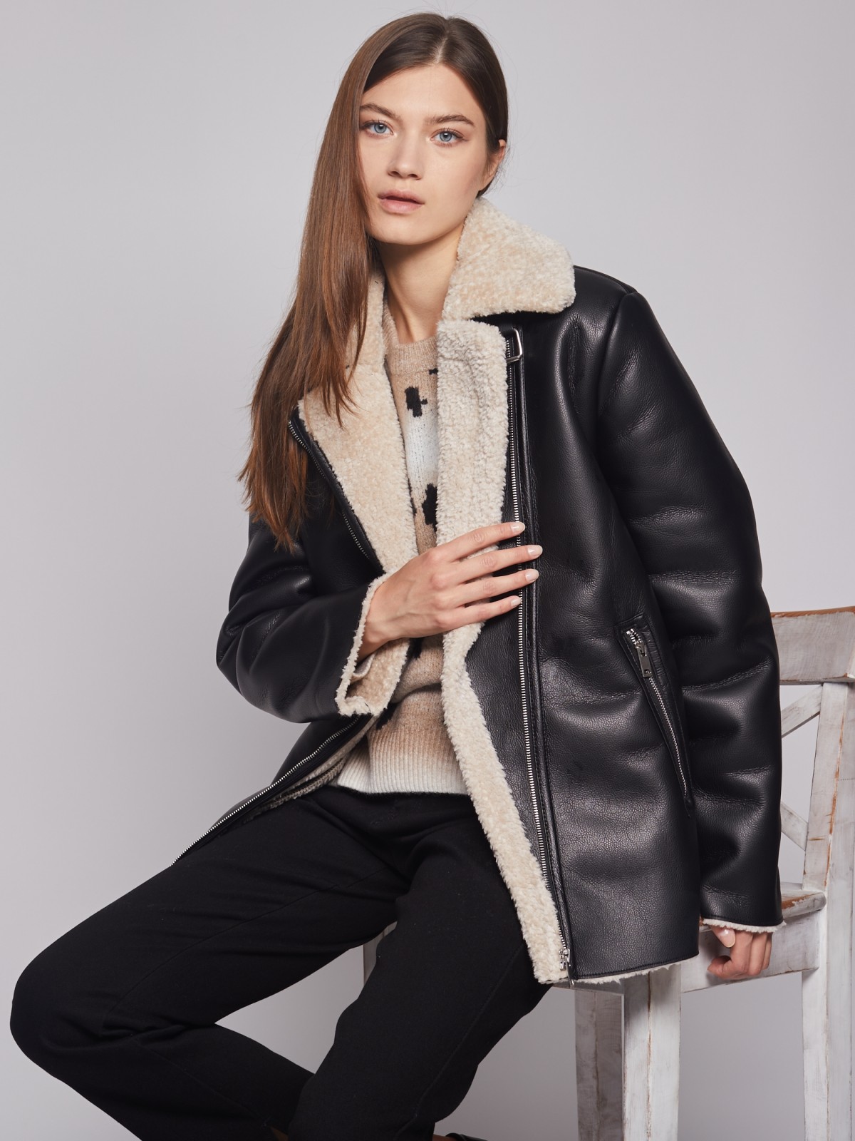 Тёплая куртка-косуха из экокожи zolla 022345550014, цвет черный, размер XS